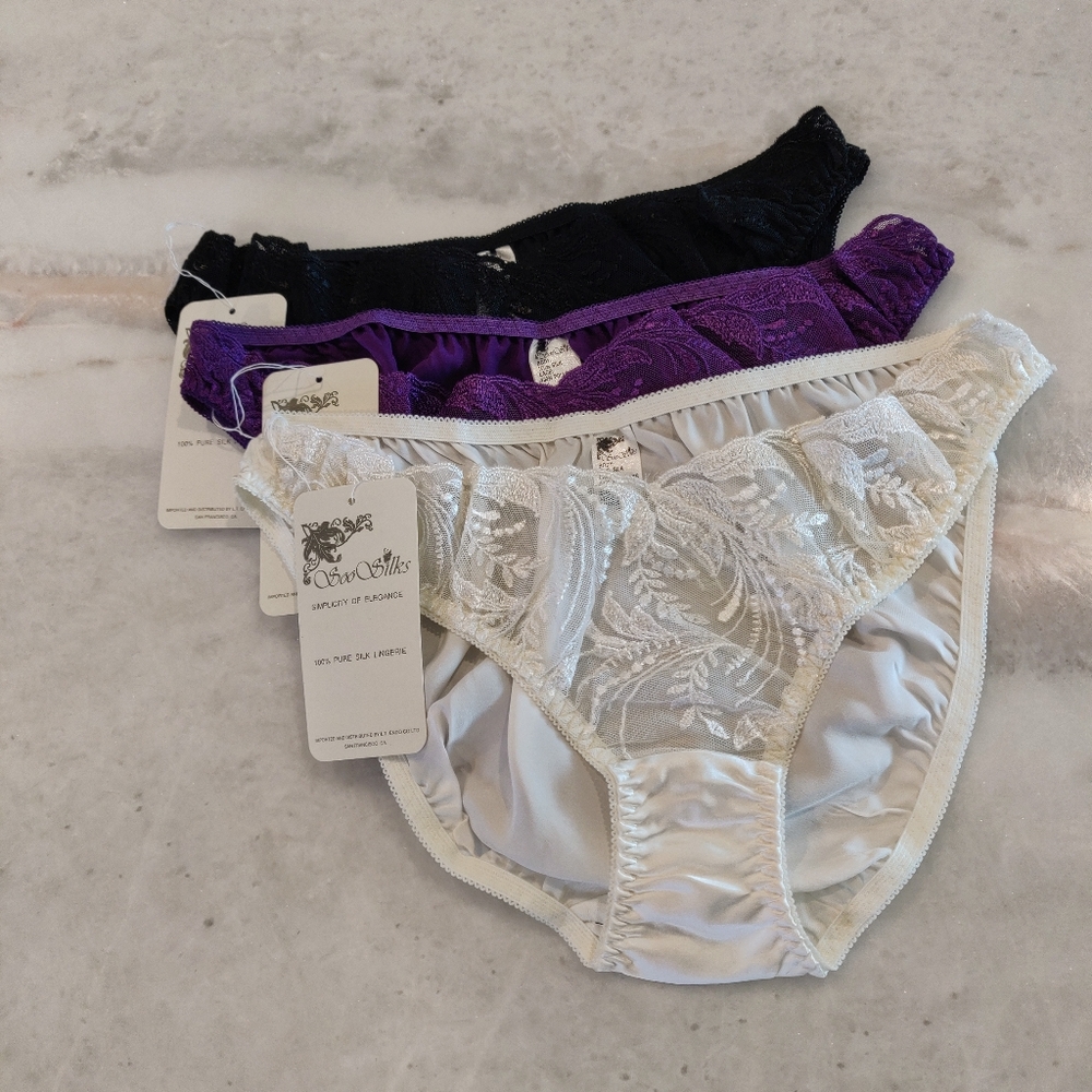 COPY - 3 PCS NWT Silk Panties with V-Cut Floral Lace | Vintage Satin Briefs